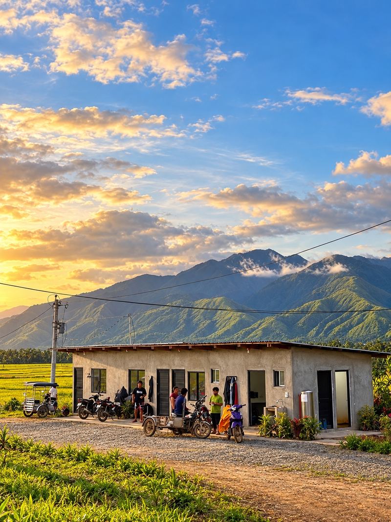 People outside a building on the farm with mountains behind