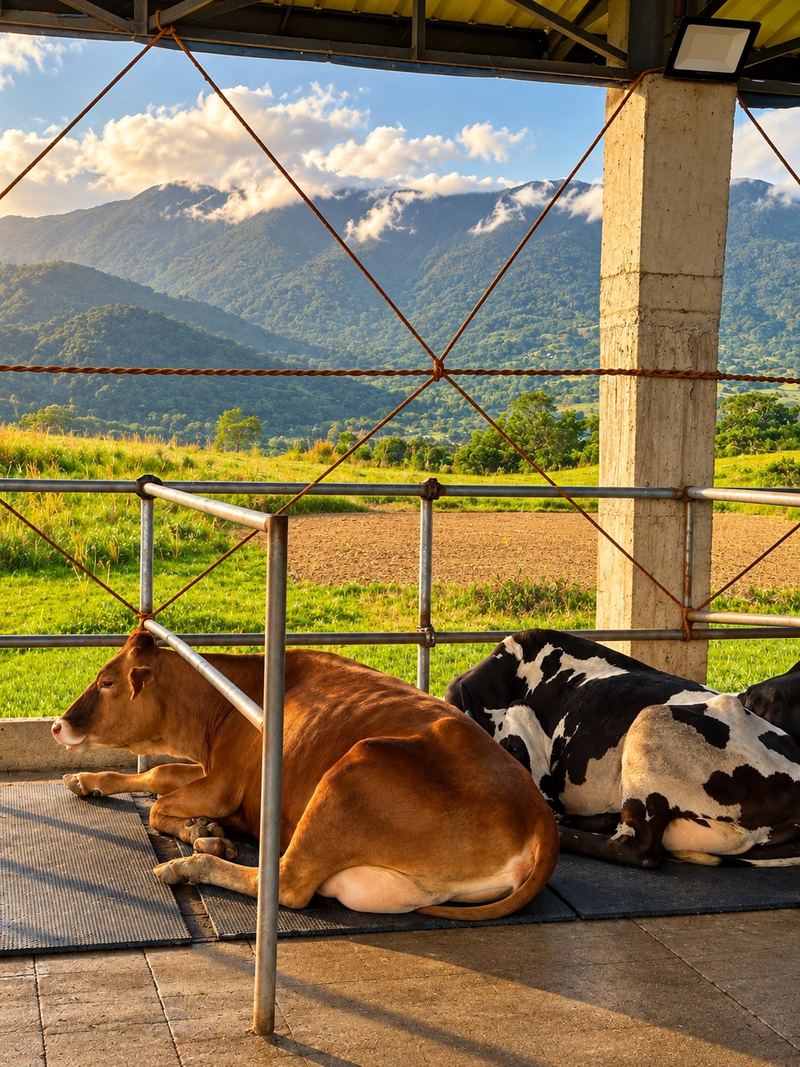 Cows resting in the barn with mountains in the background
