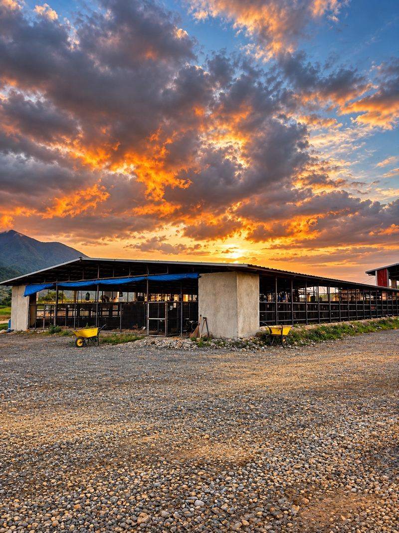 IPPI farm buildings beneath a sunset sky